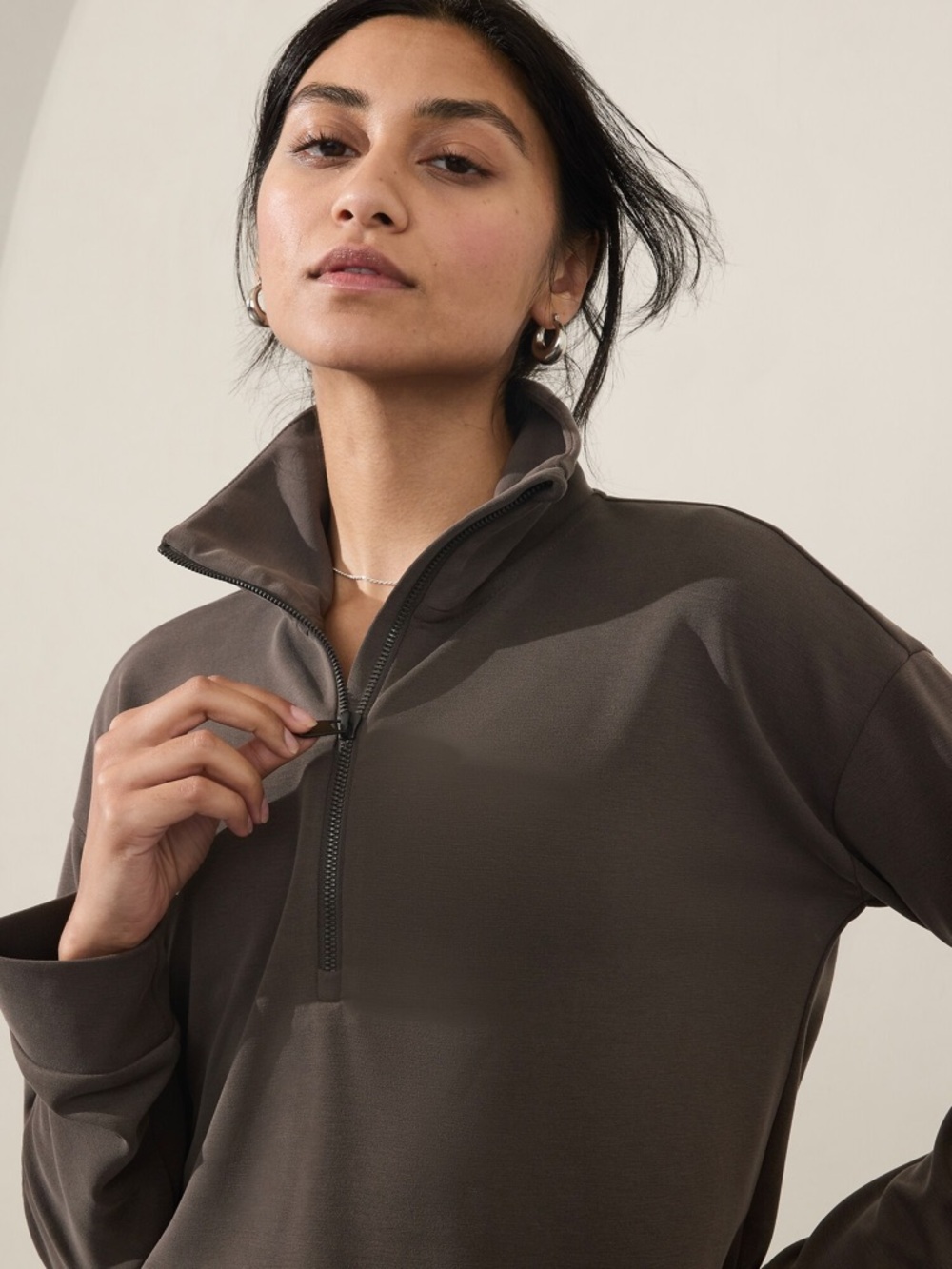 Athleta Seasoft Quarter Zip Pullover XS Brown Soft Luxe Athleisure Top